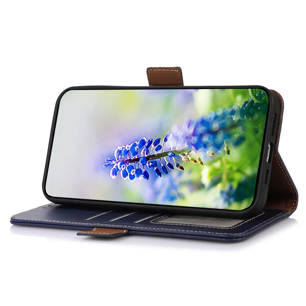 For iPhone 17 Pro Max Case RFID Blocking Genuine Cow Leather Wallet Phone Cover - Blue