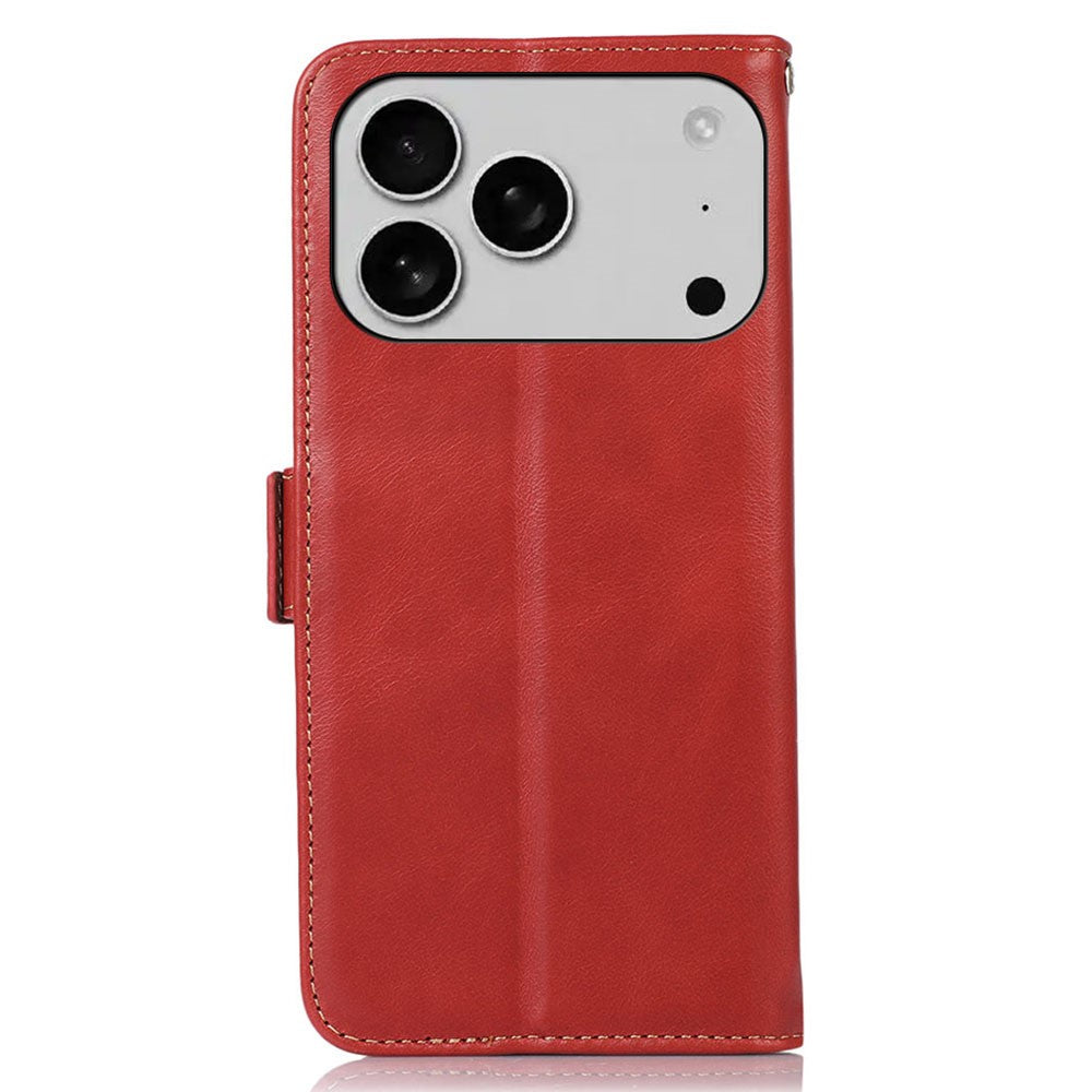 For iPhone 17 Pro Max Case RFID Blocking Genuine Cow Leather Wallet Phone Cover - Red