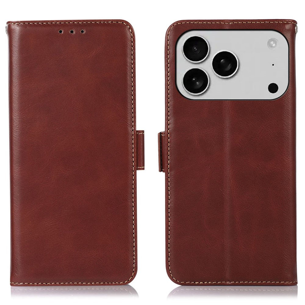 For iPhone 17 Pro Max Case RFID Blocking Genuine Cow Leather Wallet Phone Cover - Brown