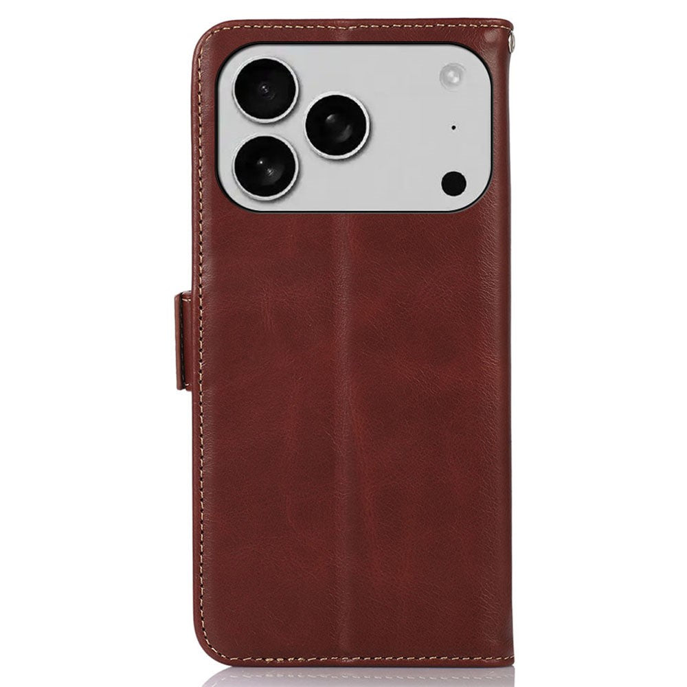For iPhone 17 Pro Max Case RFID Blocking Genuine Cow Leather Wallet Phone Cover - Brown