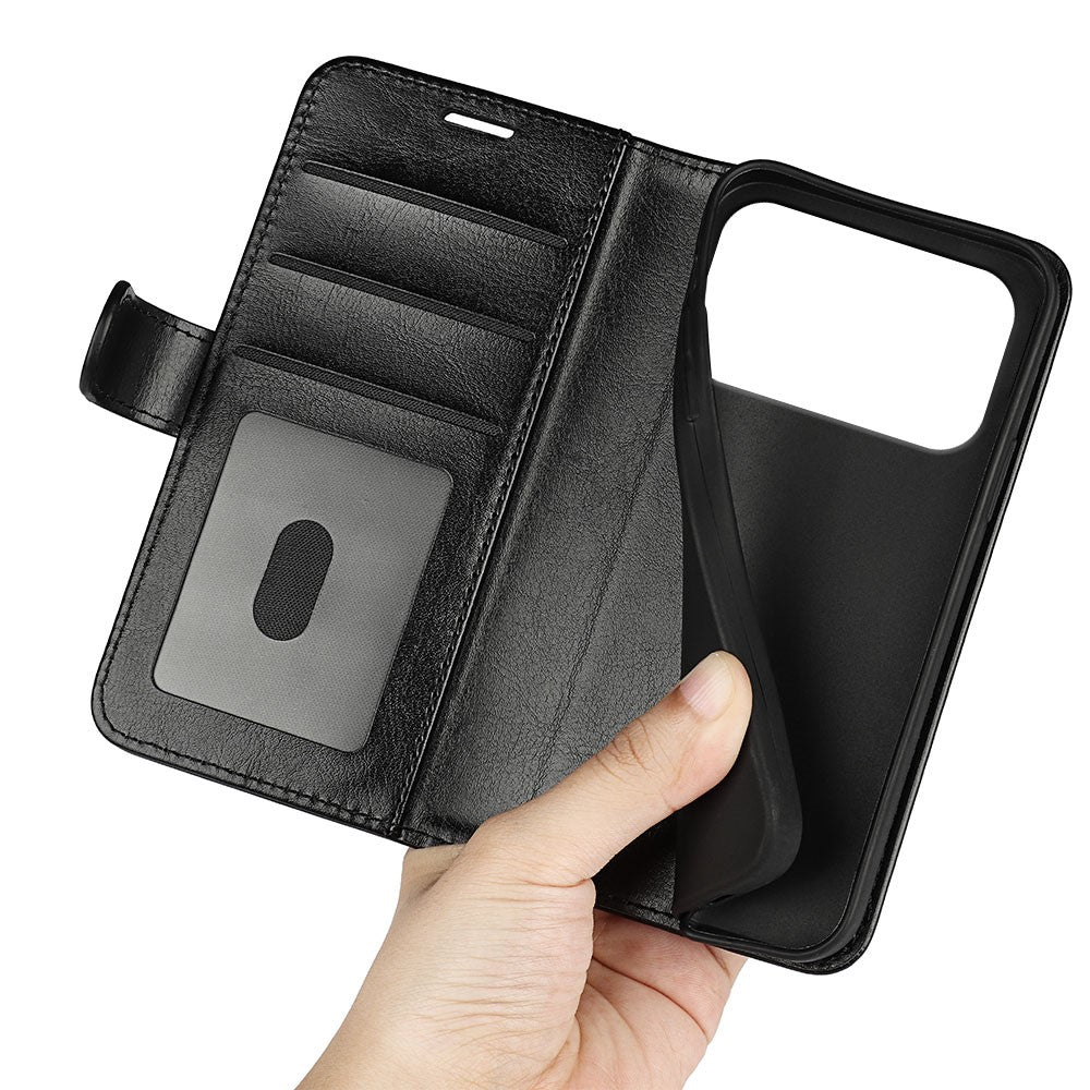 For iPhone 17 Pro Max Case Crazy Horse Texture Stand Leather Phone Cover - Black
