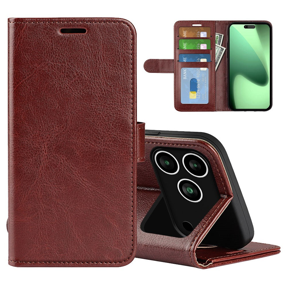For iPhone 17 Pro Max Case Crazy Horse Texture Stand Leather Phone Cover - Brown