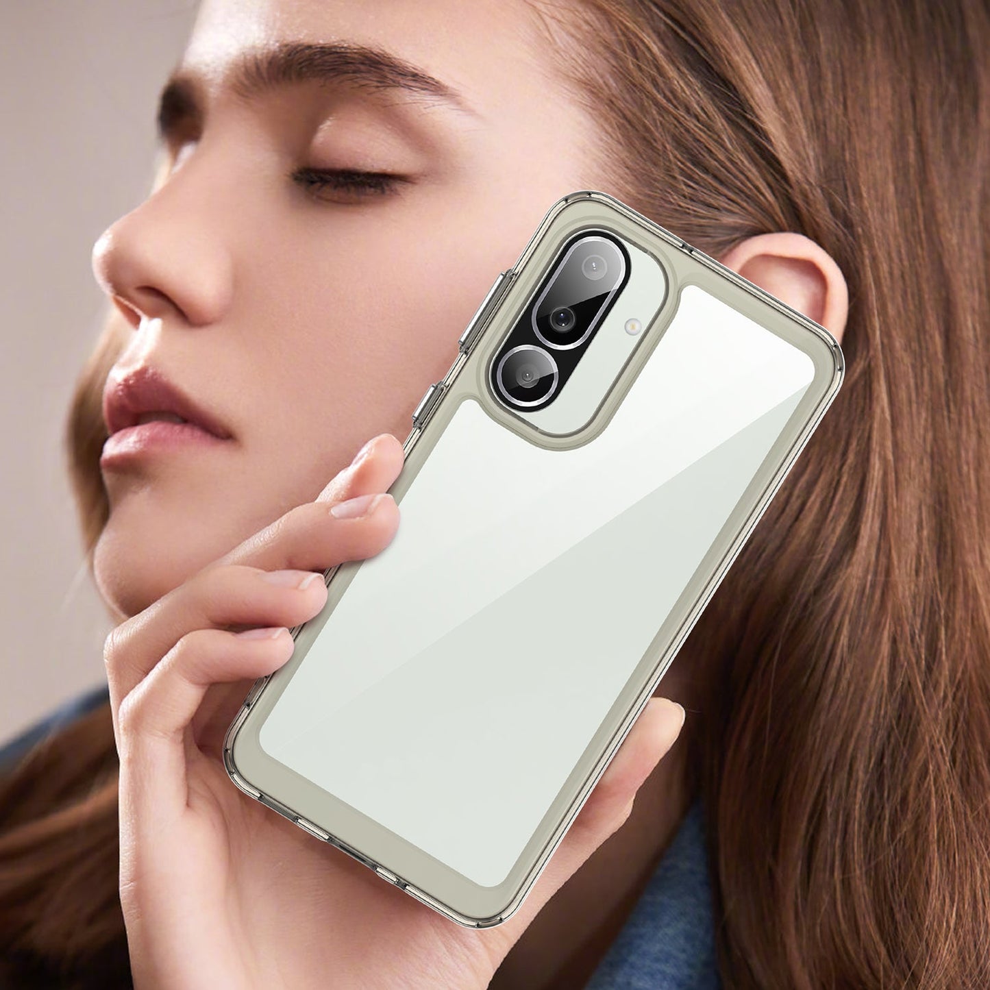 For Samsung Galaxy M56 5G Phone Case WANLONFENG XC Series TPU Acrylic Cover with Tempered Glass (Big Lens Hole) - Transparent Grey