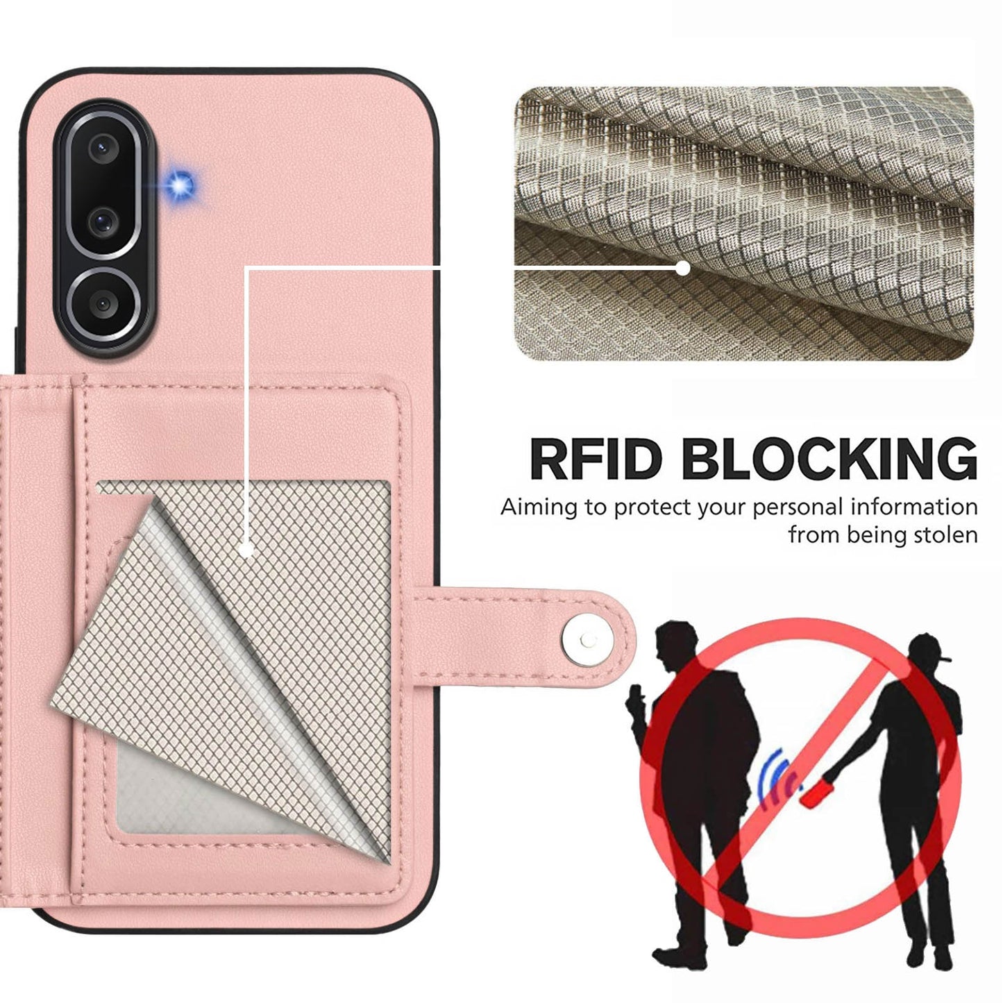 For Samsung Galaxy M56 5G Case RFID Blocking Card Holder Kickstand TPU + PU Leather Phone Back Cover - Rose Gold
