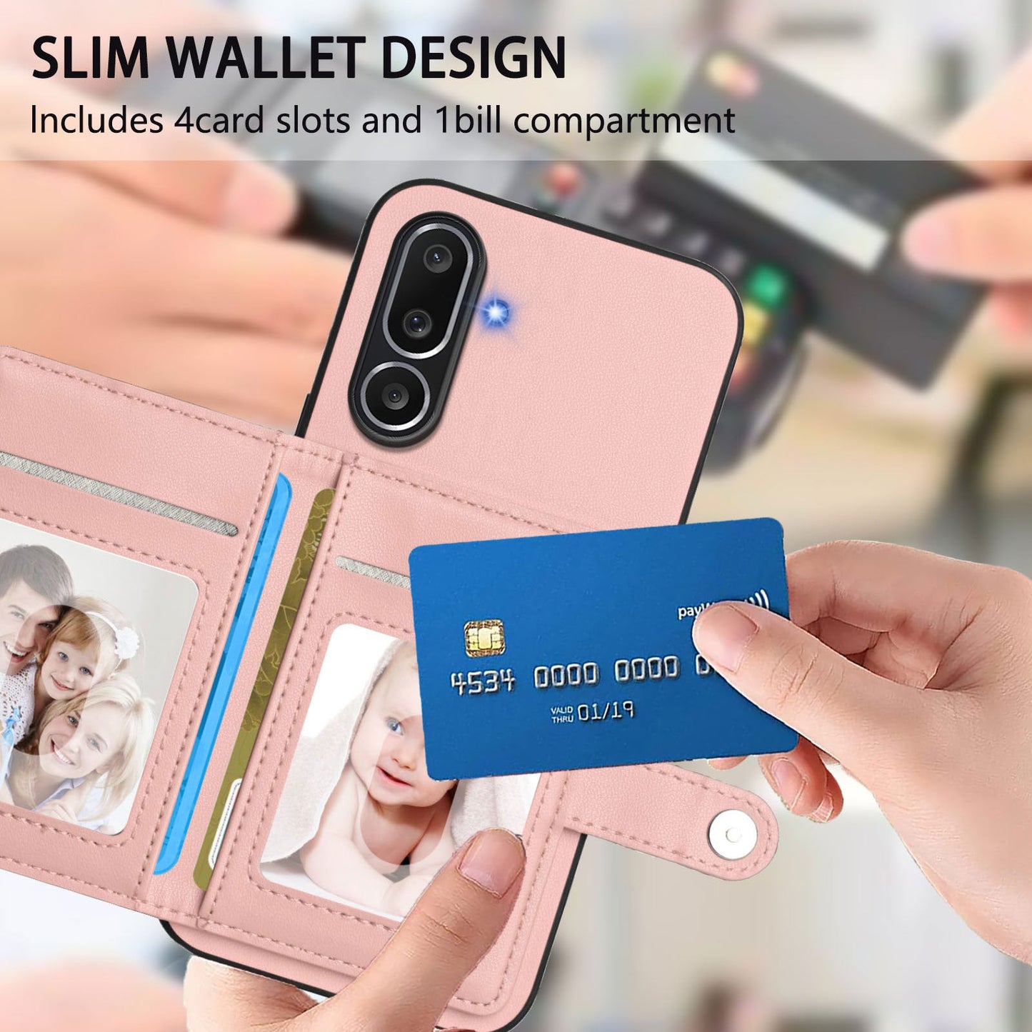 For Samsung Galaxy M56 5G Case RFID Blocking Card Holder Kickstand TPU + PU Leather Phone Back Cover - Rose Gold