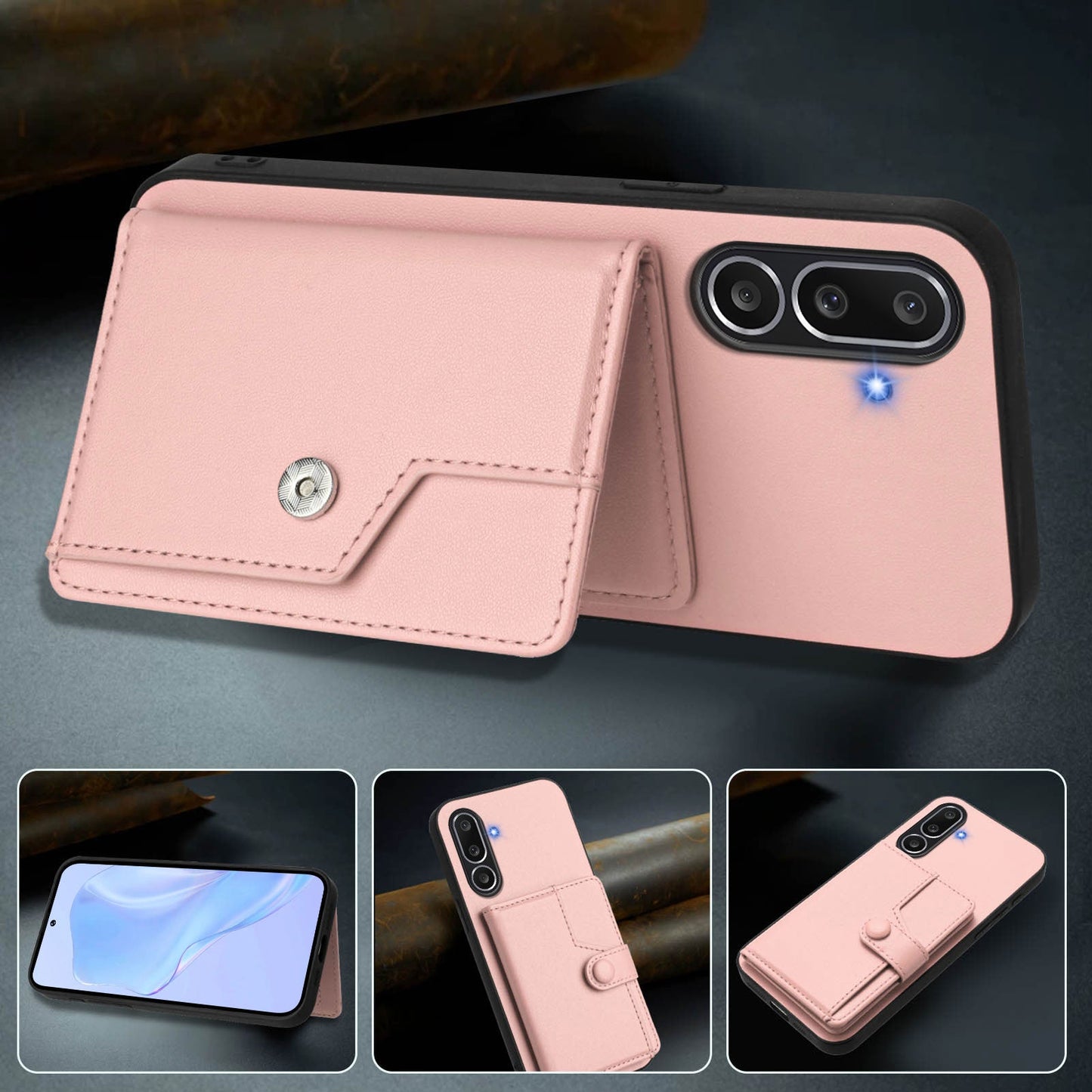 For Samsung Galaxy M56 5G Case RFID Blocking Card Holder Kickstand TPU + PU Leather Phone Back Cover - Rose Gold