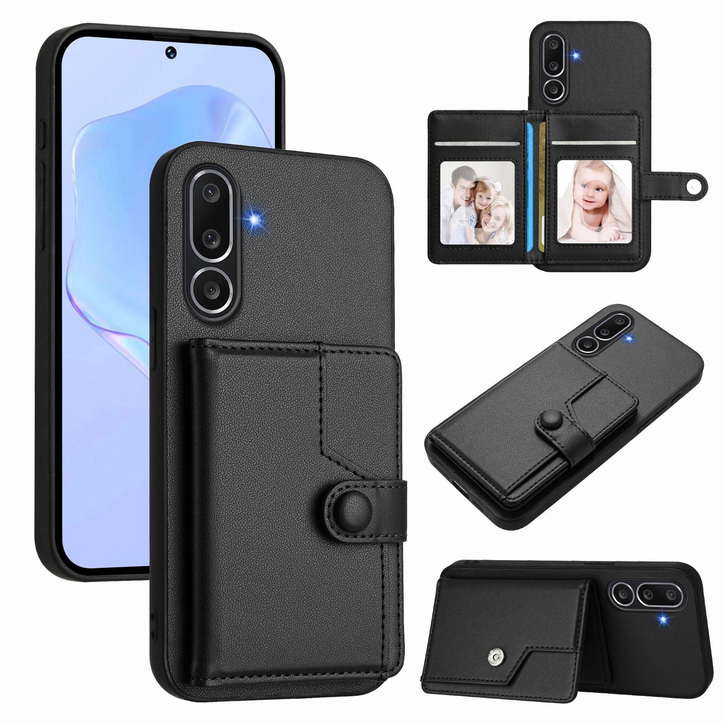 For Samsung Galaxy M56 5G Case RFID Blocking Card Holder Kickstand TPU + PU Leather Phone Back Cover - Black