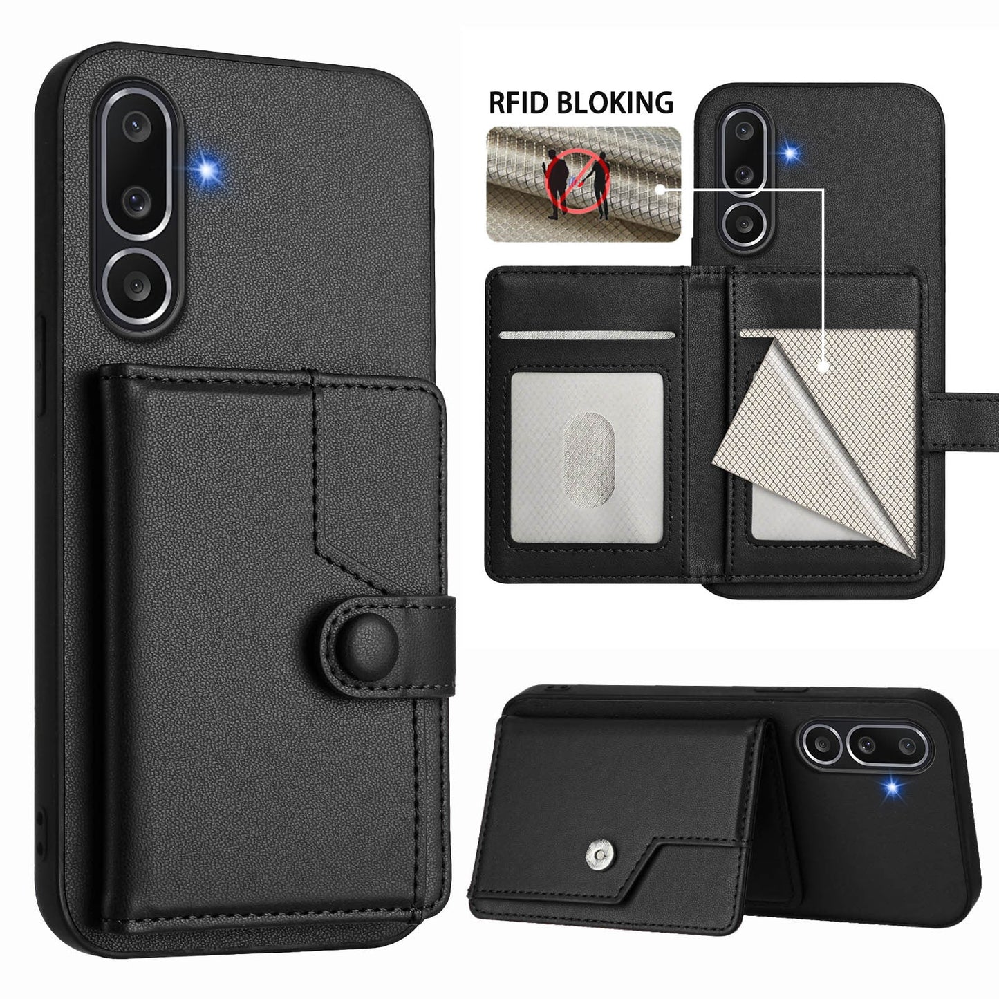 For Samsung Galaxy M56 5G Case RFID Blocking Card Holder Kickstand TPU + PU Leather Phone Back Cover - Black