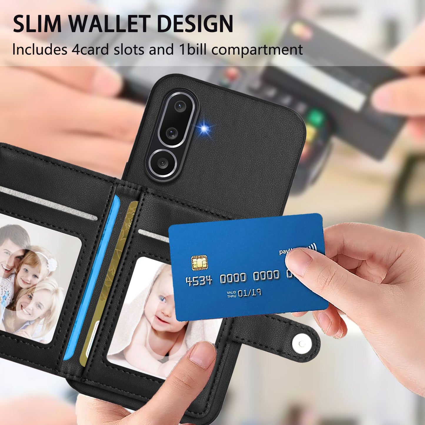 For Samsung Galaxy M56 5G Case RFID Blocking Card Holder Kickstand TPU + PU Leather Phone Back Cover - Black