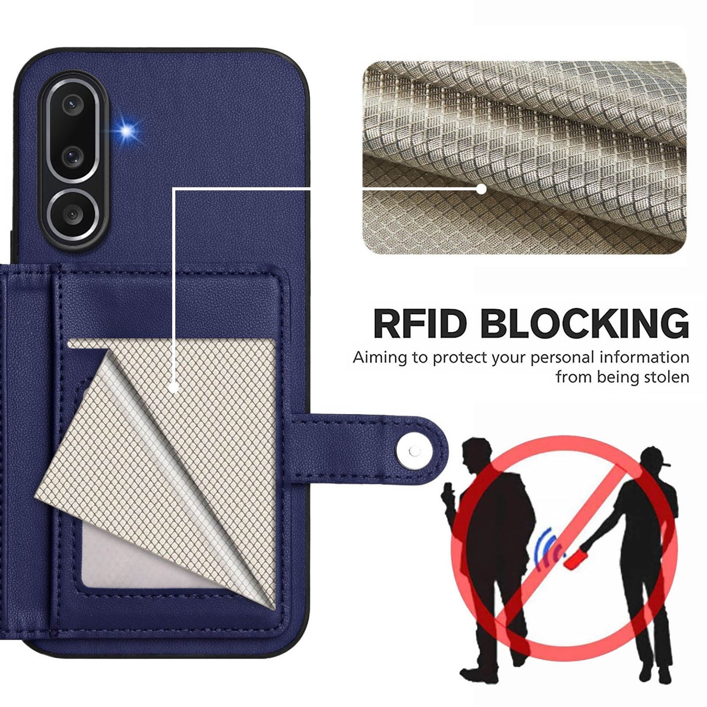 For Samsung Galaxy M56 5G Case RFID Blocking Card Holder Kickstand TPU + PU Leather Phone Back Cover - Blue