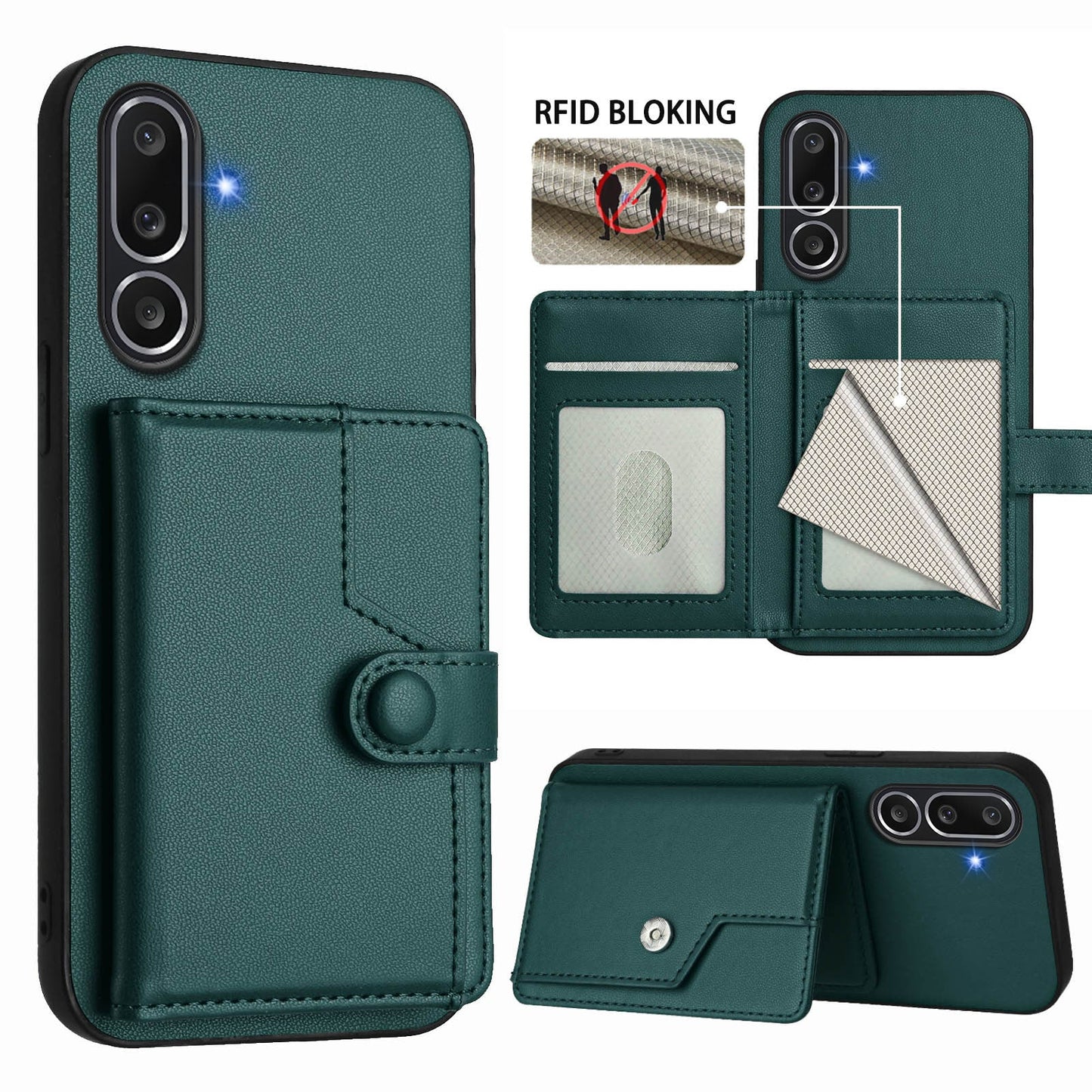 For Samsung Galaxy M56 5G Case RFID Blocking Card Holder Kickstand TPU + PU Leather Phone Back Cover - Green