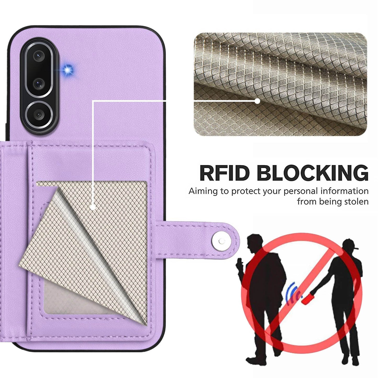 For Samsung Galaxy M56 5G Case RFID Blocking Card Holder Kickstand TPU + PU Leather Phone Back Cover - Purple