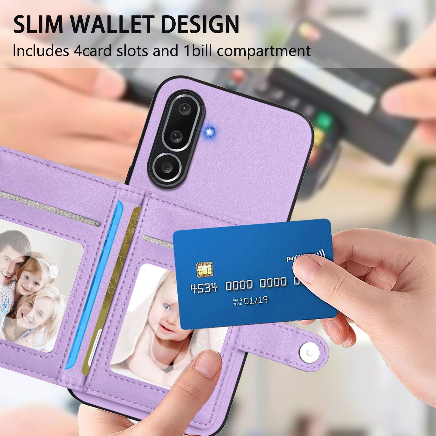 For Samsung Galaxy M56 5G Case RFID Blocking Card Holder Kickstand TPU + PU Leather Phone Back Cover - Purple