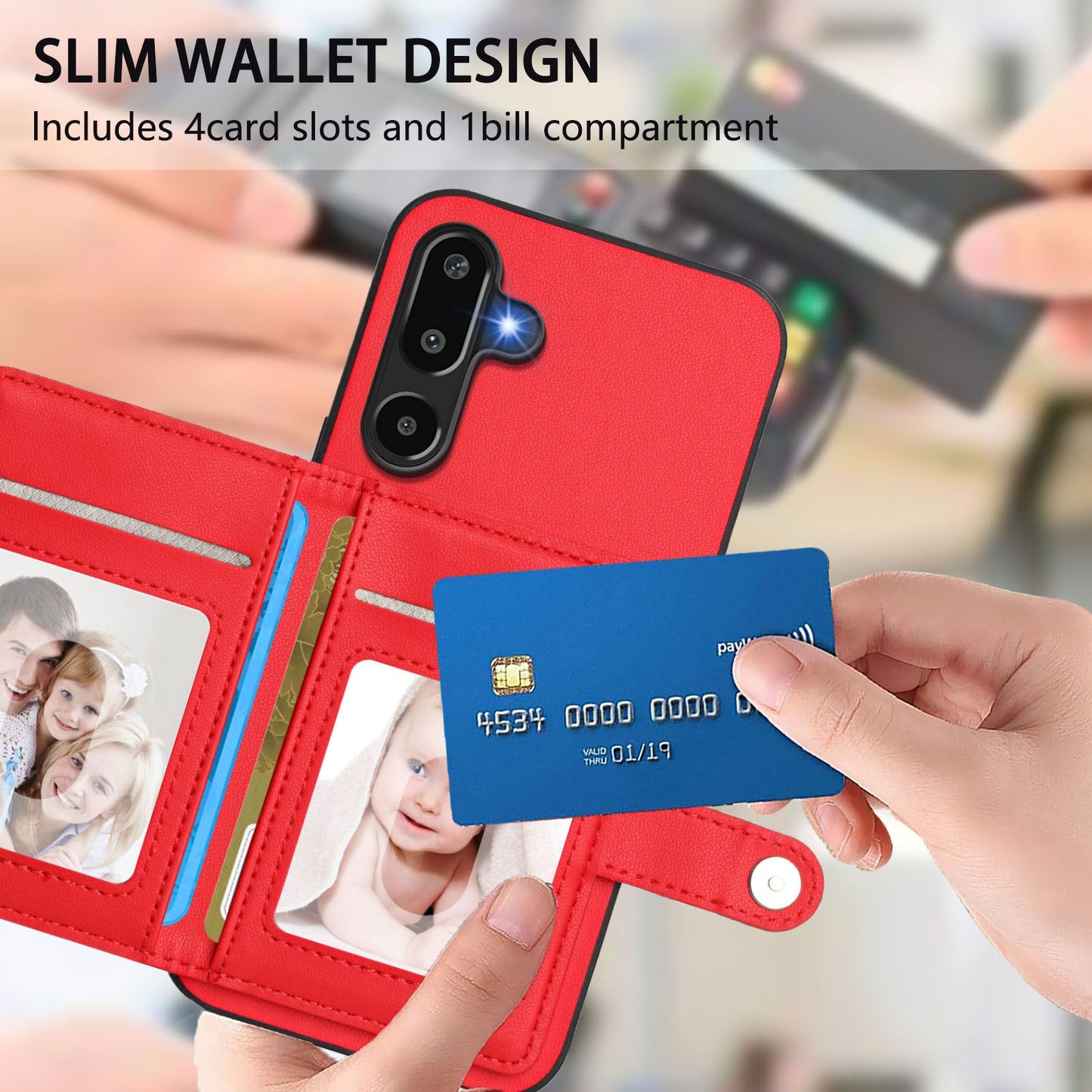 For Samsung Galaxy F16 5G / Galaxy M16 5G Case RFID Blocking Card Holder Kickstand TPU + PU Leather Phone Back Cover - Red