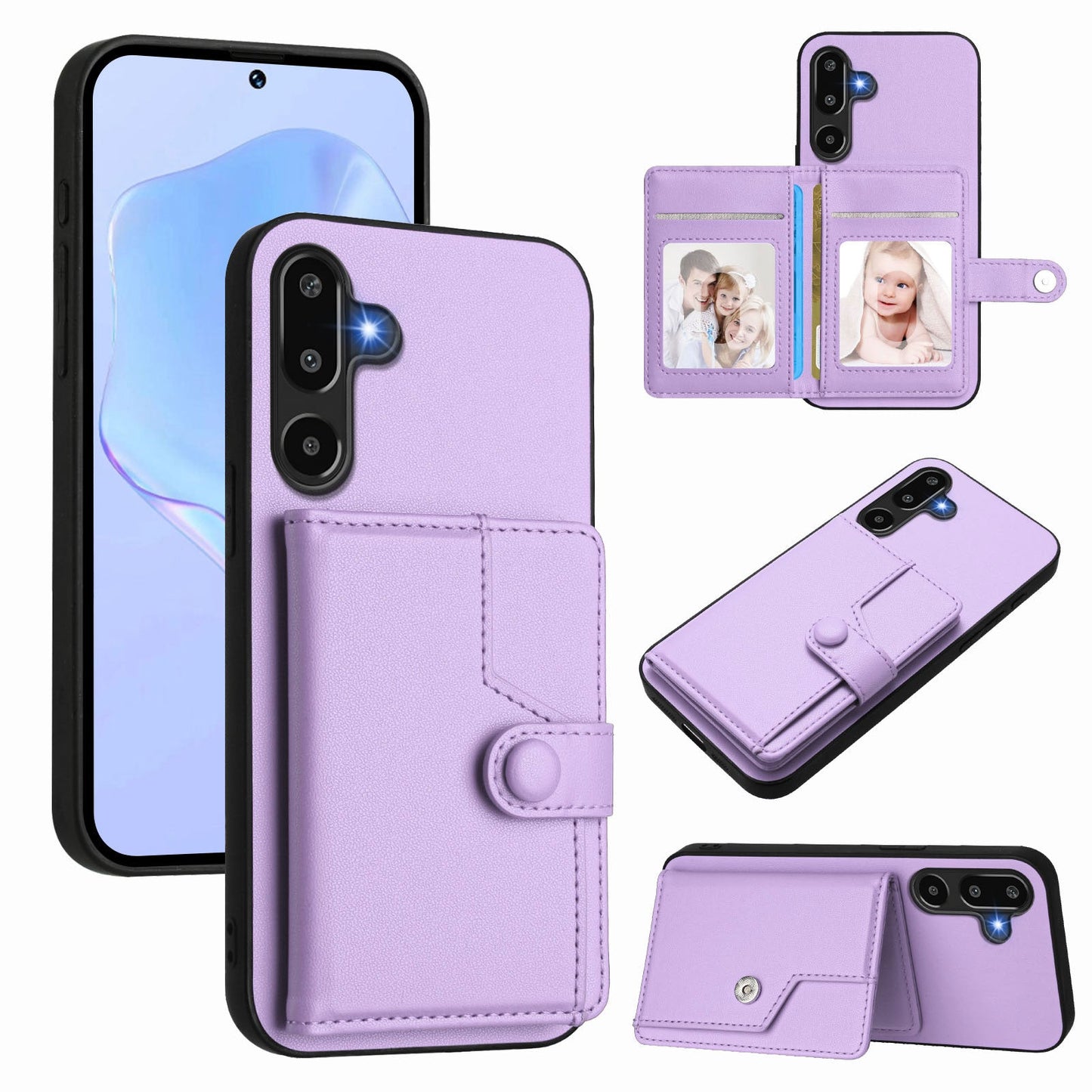 For Samsung Galaxy F16 5G / Galaxy M16 5G Case RFID Blocking Card Holder Kickstand TPU + PU Leather Phone Back Cover - Purple