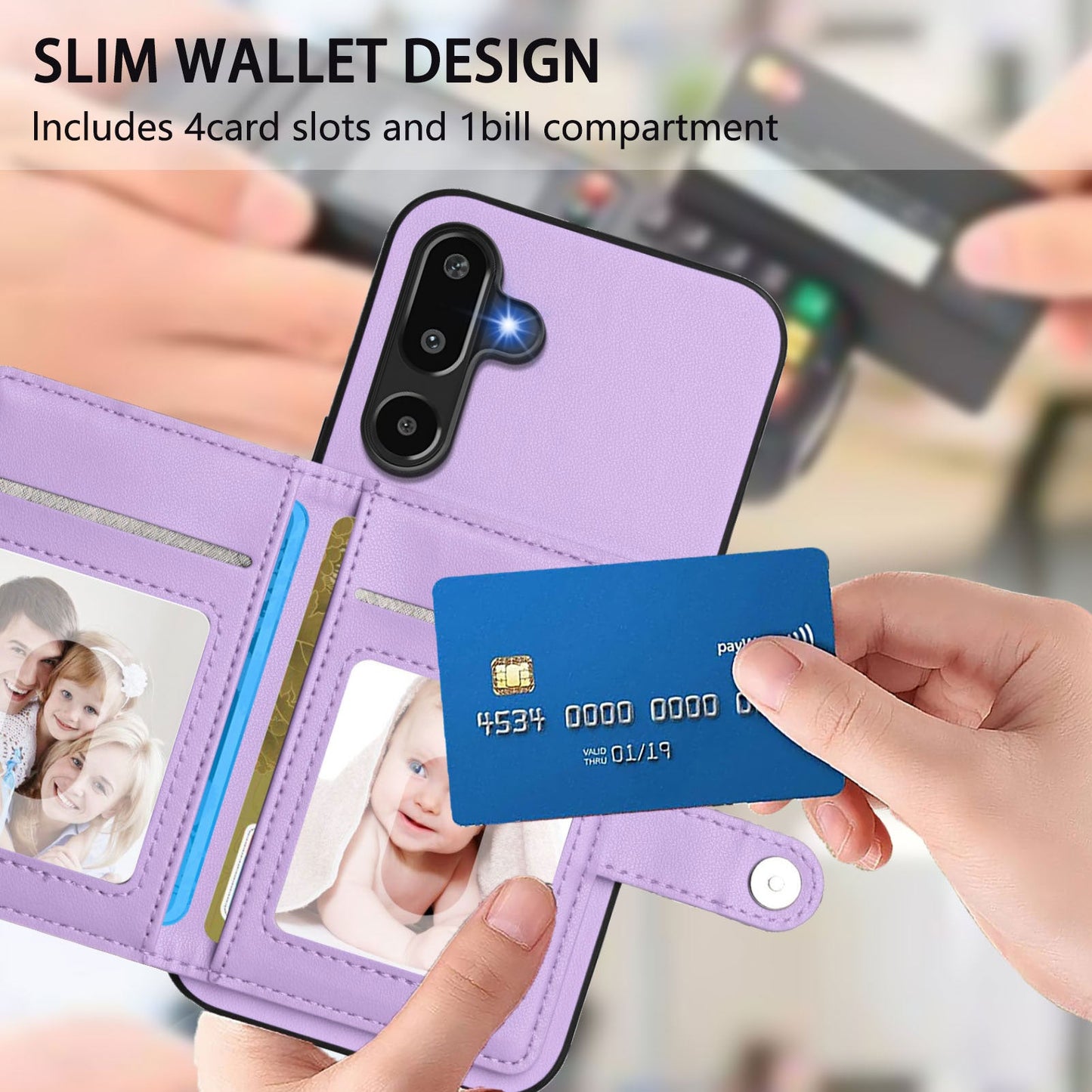 For Samsung Galaxy F16 5G / Galaxy M16 5G Case RFID Blocking Card Holder Kickstand TPU + PU Leather Phone Back Cover - Purple