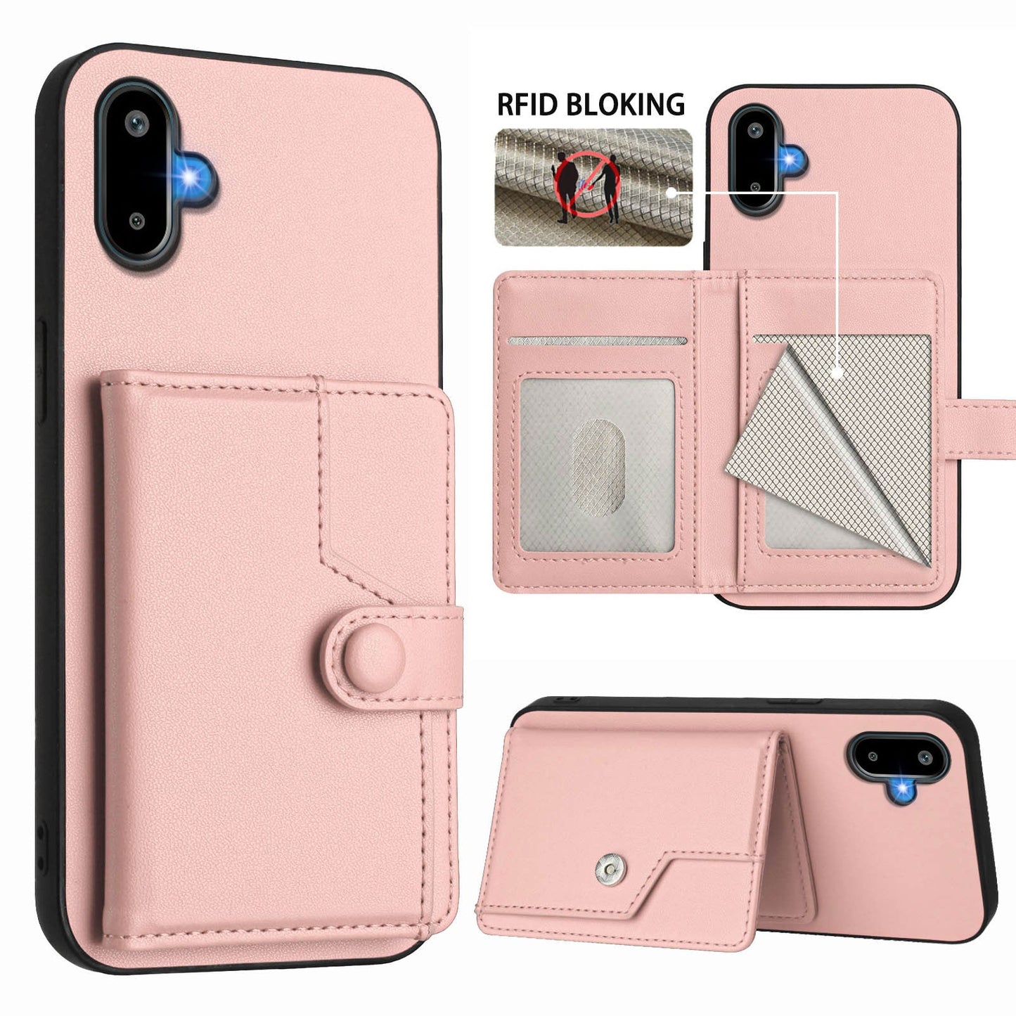 For Samsung Galaxy M06 5G / Galaxy F06 5G Case RFID Blocking Card Holder Kickstand TPU + PU Leather Phone Back Cover - Rose Gold