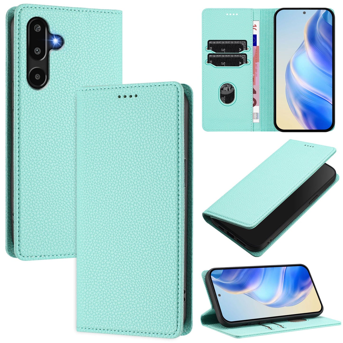 For Samsung Galaxy M16 5G / Galaxy F16 5G Wallet Case RFID Blocking Litchi Texture Leather Mobile Cover - Mint Green