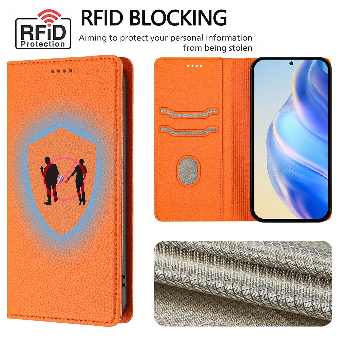 For Samsung Galaxy M16 5G / Galaxy F16 5G Wallet Case RFID Blocking Litchi Texture Leather Mobile Cover - Orange