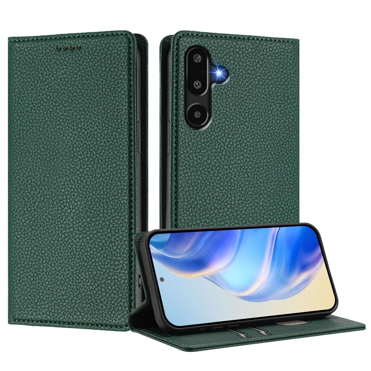 For Samsung Galaxy M16 5G / Galaxy F16 5G Wallet Case RFID Blocking Litchi Texture Leather Mobile Cover - Dark Green