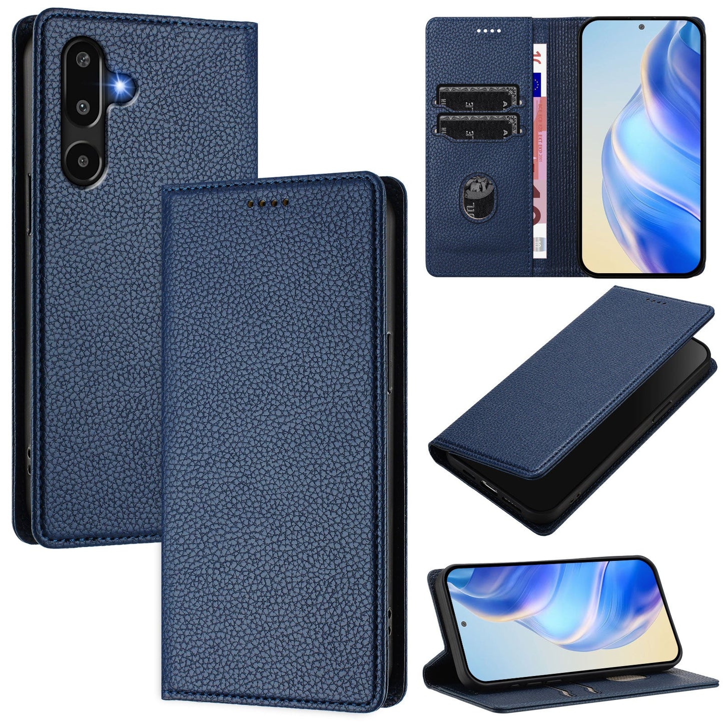 For Samsung Galaxy M16 5G / Galaxy F16 5G Wallet Case RFID Blocking Litchi Texture Leather Mobile Cover - Dark Blue