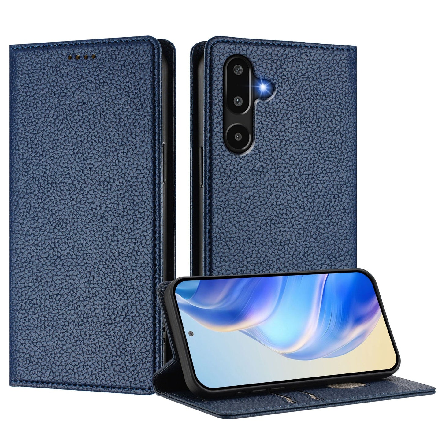 For Samsung Galaxy M16 5G / Galaxy F16 5G Wallet Case RFID Blocking Litchi Texture Leather Mobile Cover - Dark Blue