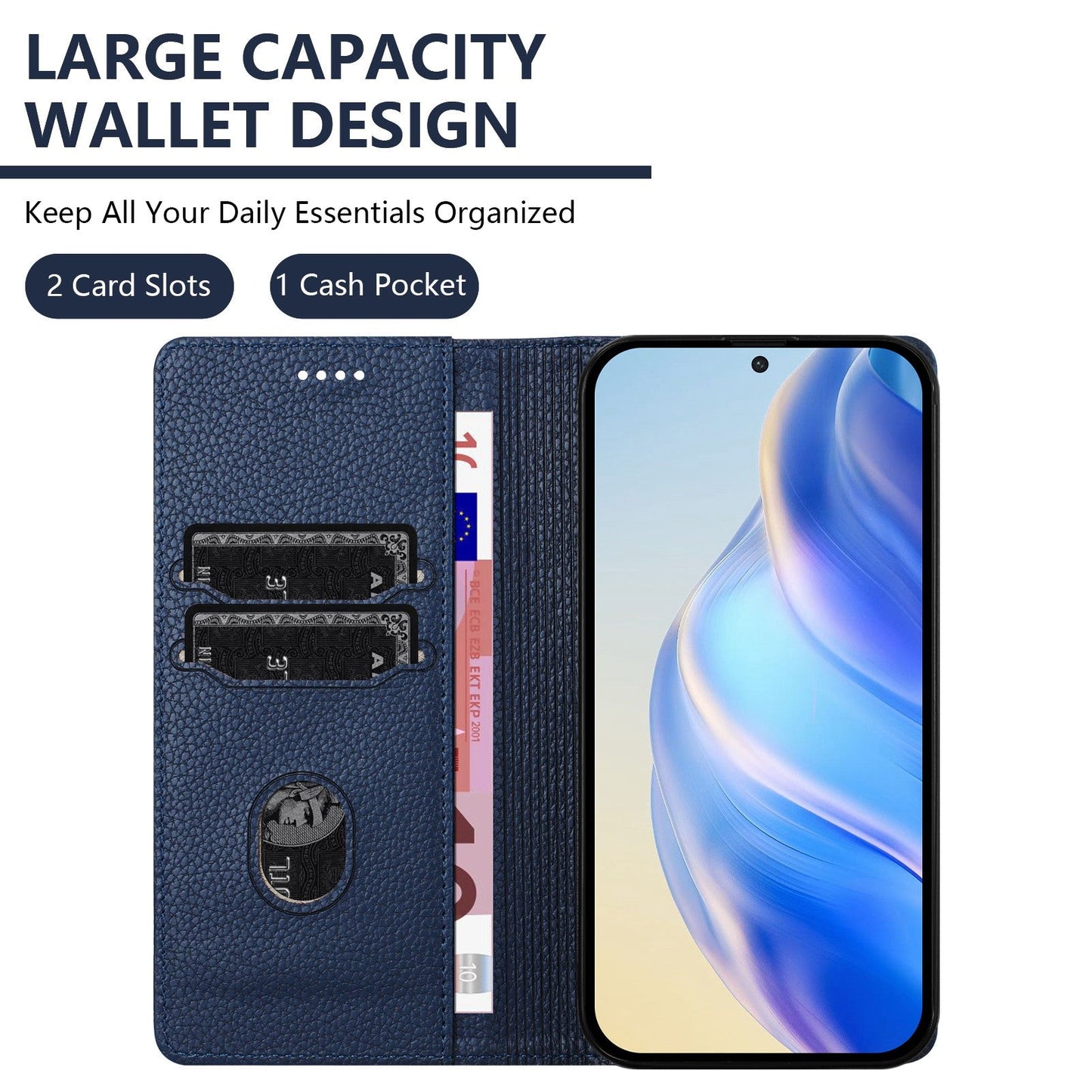 For Samsung Galaxy M16 5G / Galaxy F16 5G Wallet Case RFID Blocking Litchi Texture Leather Mobile Cover - Dark Blue