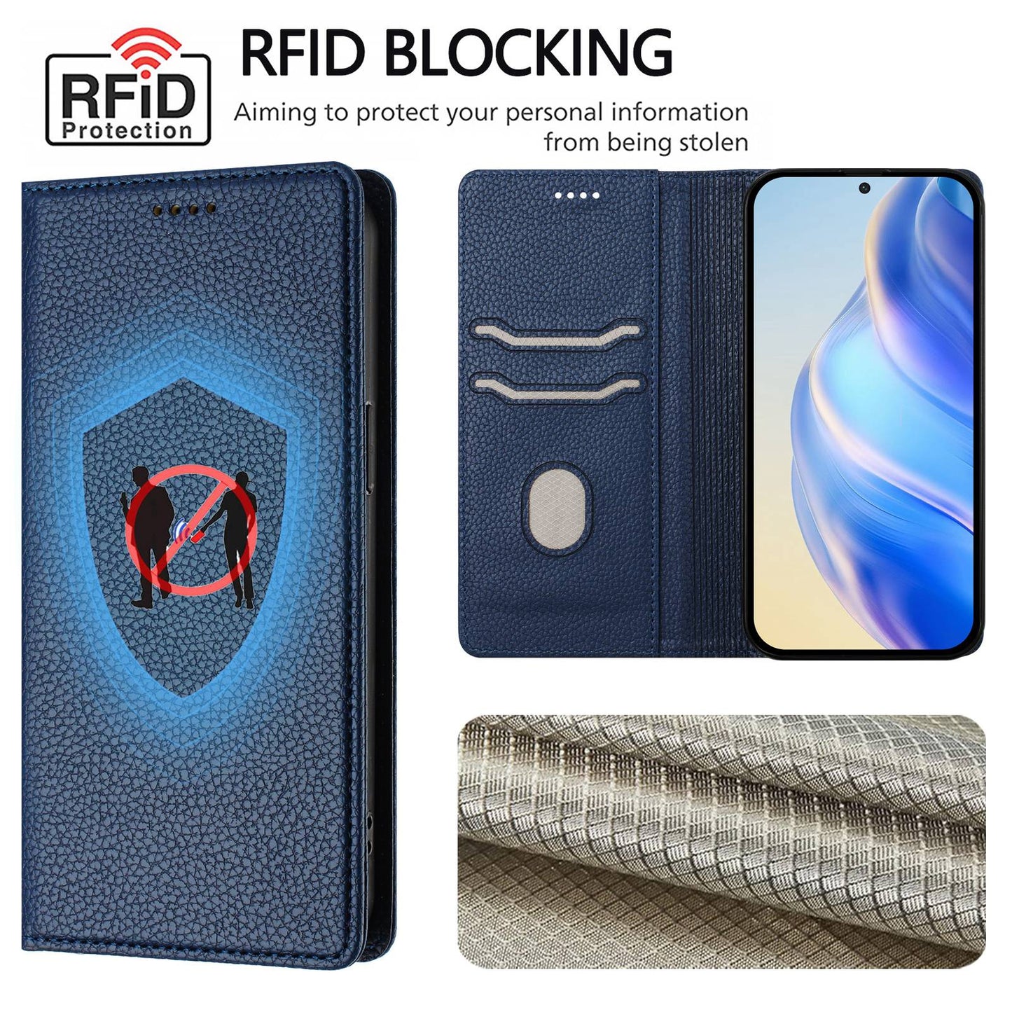 For Samsung Galaxy M16 5G / Galaxy F16 5G Wallet Case RFID Blocking Litchi Texture Leather Mobile Cover - Dark Blue