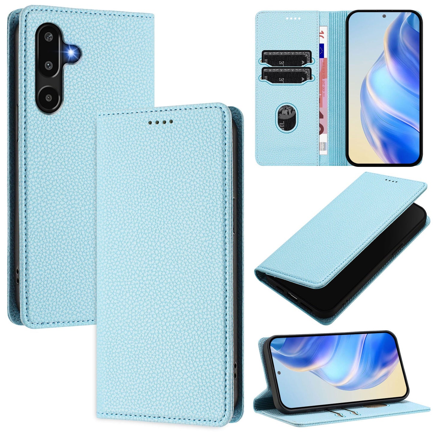 For Samsung Galaxy M16 5G / Galaxy F16 5G Wallet Case RFID Blocking Litchi Texture Leather Mobile Cover - Baby Blue