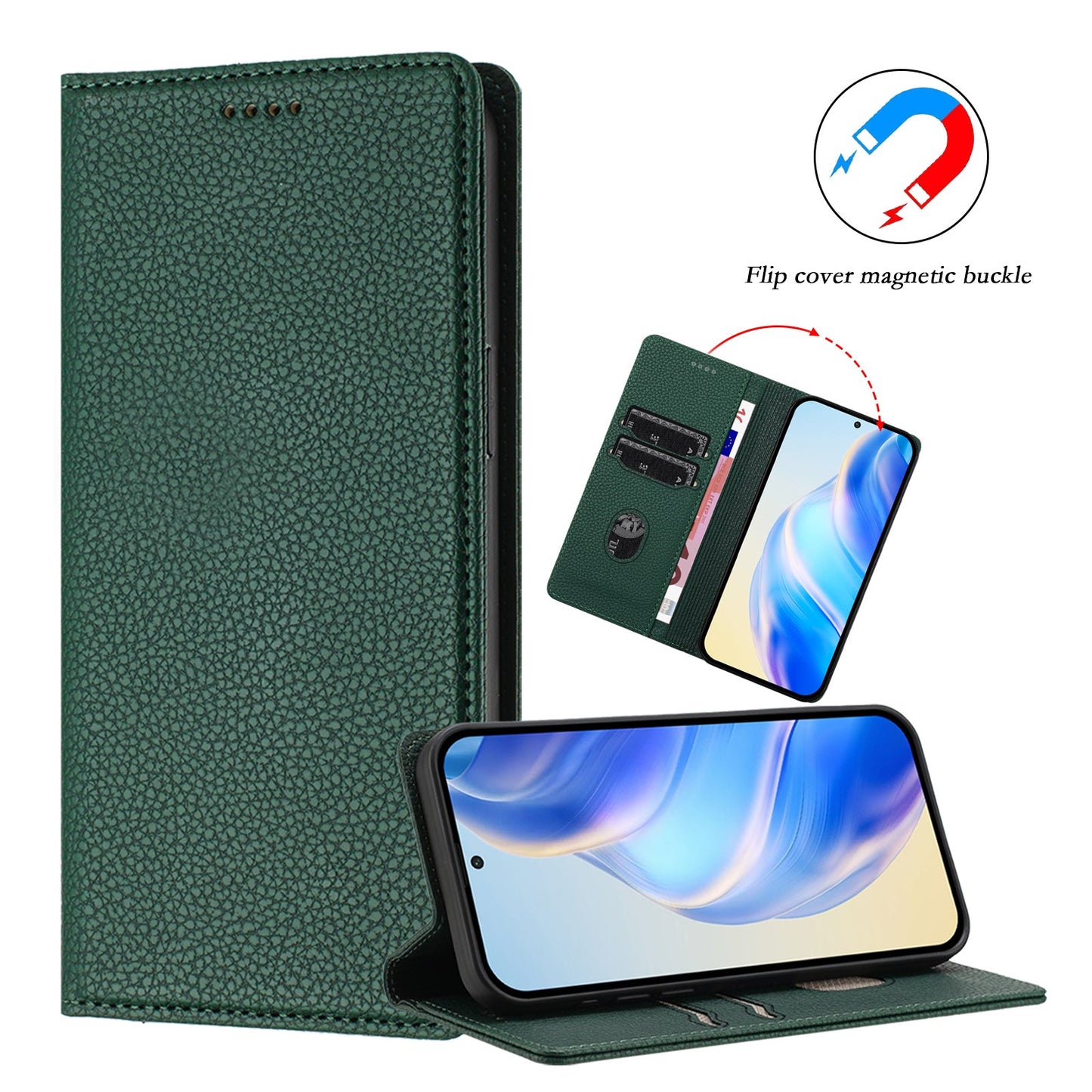 For Samsung Galaxy M06 5G / Galaxy F06 5G Wallet Case RFID Blocking Litchi Texture Leather Mobile Cover - Dark Green