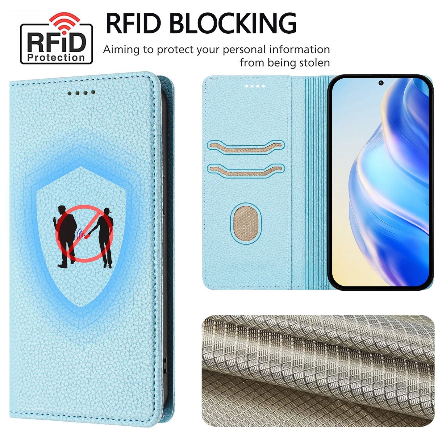For Samsung Galaxy M06 5G / Galaxy F06 5G Wallet Case RFID Blocking Litchi Texture Leather Mobile Cover - Baby Blue