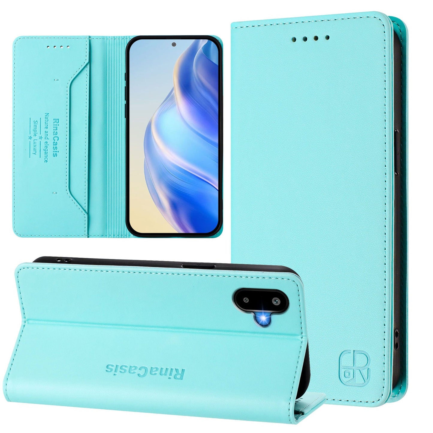 For Samsung Galaxy M06 5G / Galaxy F06 5G Leather Case RINACASIS RC01 Phone Cover with RFID Blocking Wallet Stand - Mint Green
