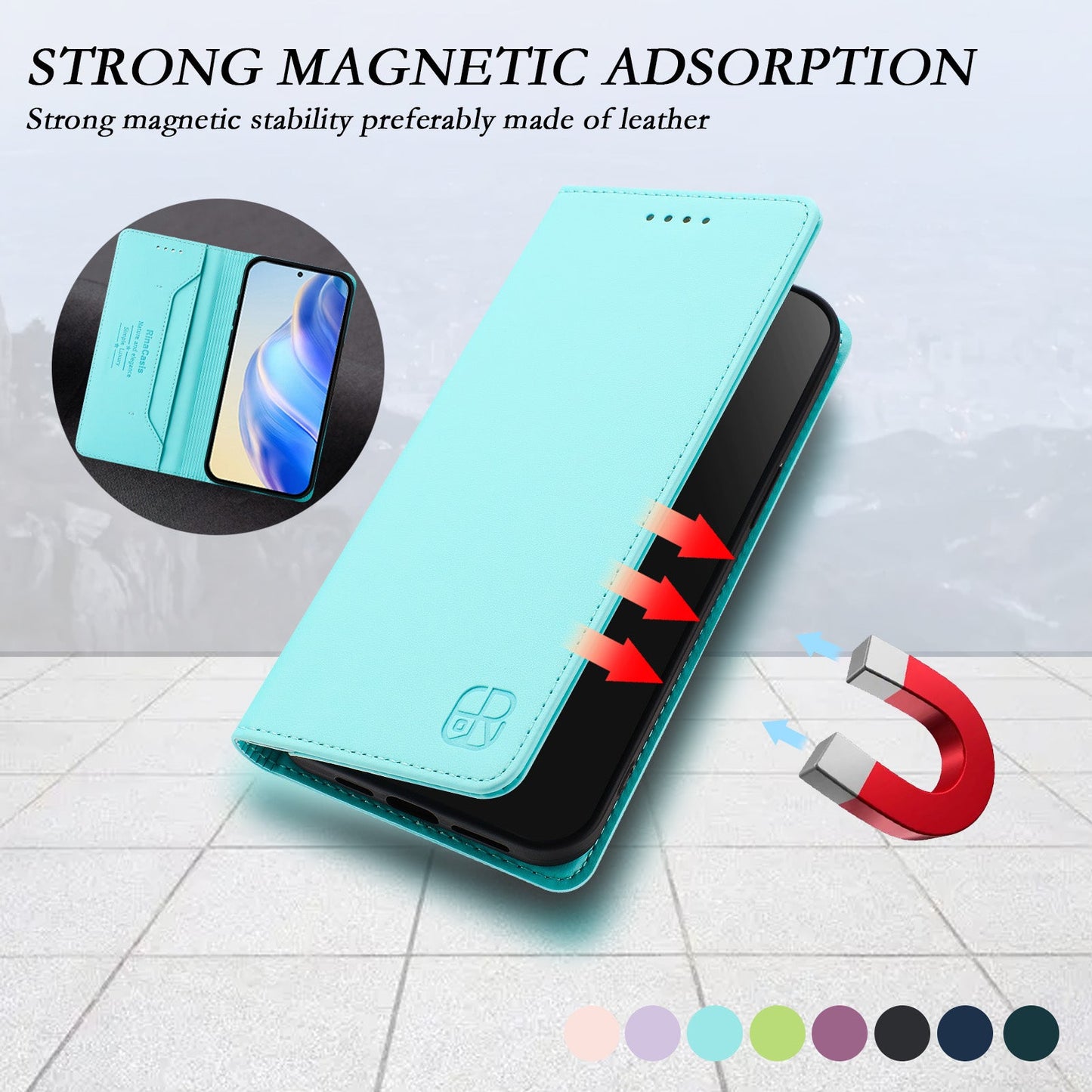 For Samsung Galaxy M06 5G / Galaxy F06 5G Leather Case RINACASIS RC01 Phone Cover with RFID Blocking Wallet Stand - Mint Green