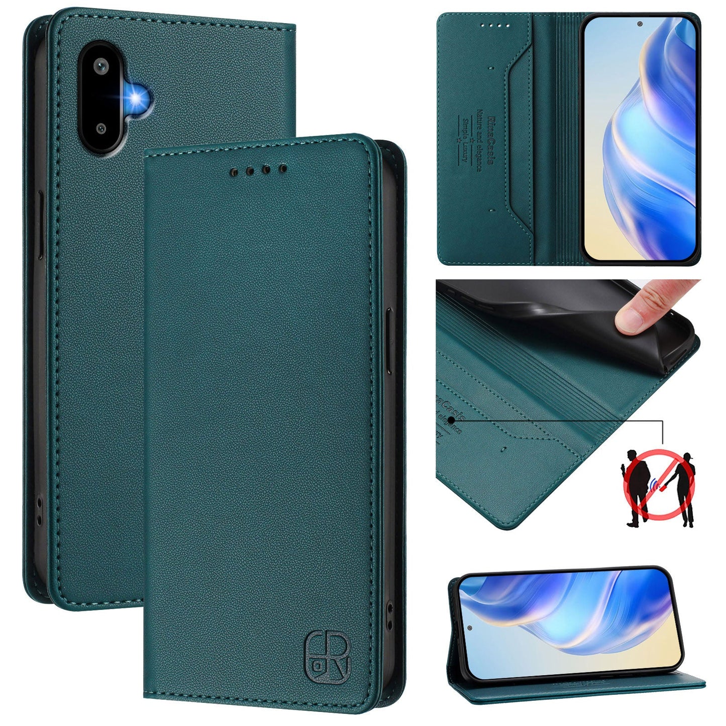 For Samsung Galaxy M06 5G / Galaxy F06 5G Leather Case RINACASIS RC01 Phone Cover with RFID Blocking Wallet Stand - Dark Green