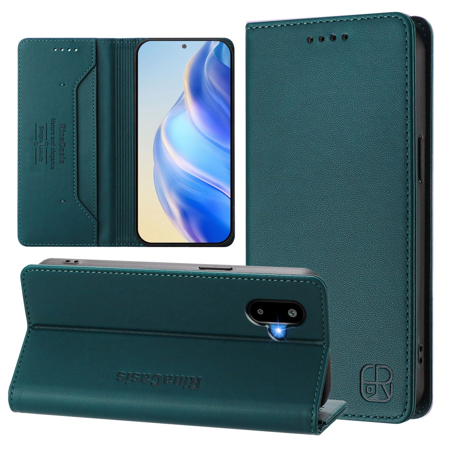 For Samsung Galaxy M06 5G / Galaxy F06 5G Leather Case RINACASIS RC01 Phone Cover with RFID Blocking Wallet Stand - Dark Green