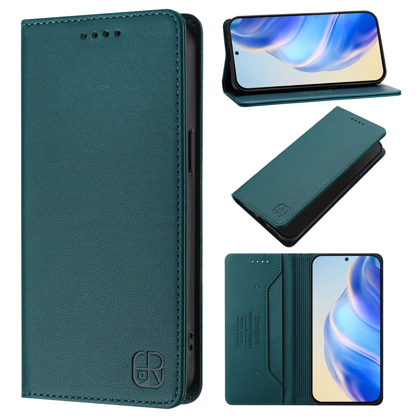 For Samsung Galaxy M06 5G / Galaxy F06 5G Leather Case RINACASIS RC01 Phone Cover with RFID Blocking Wallet Stand - Dark Green