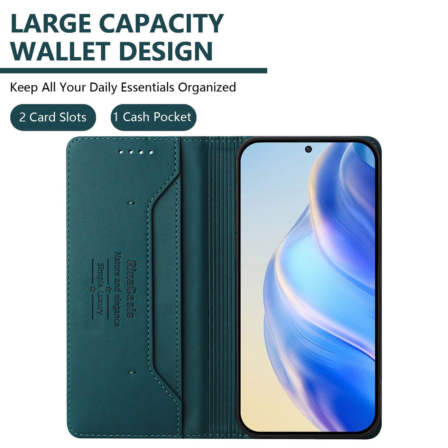 For Samsung Galaxy M06 5G / Galaxy F06 5G Leather Case RINACASIS RC01 Phone Cover with RFID Blocking Wallet Stand - Dark Green