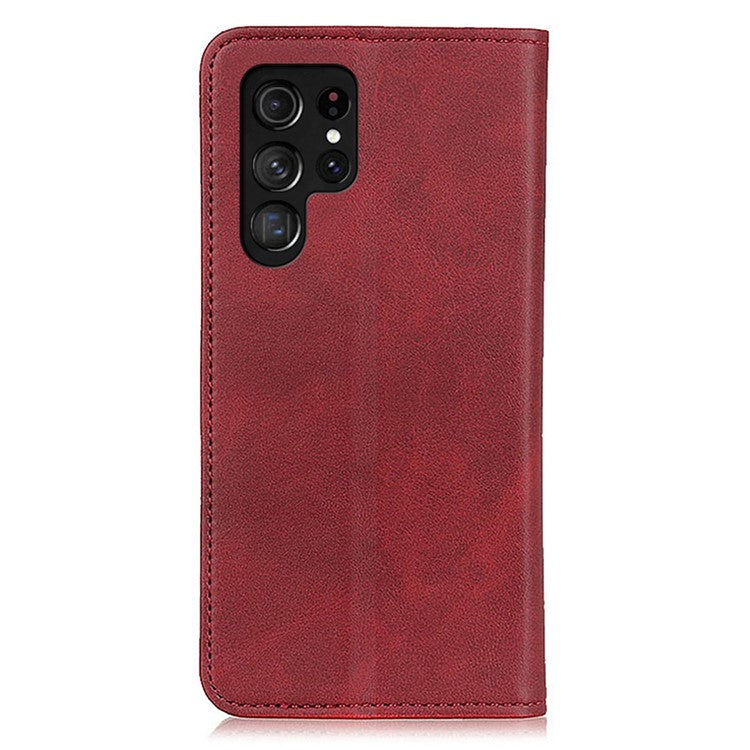 For Samsung Galaxy S23 Ultra Anti-scratch Magnetic Auto Closing Phone Case Cowhide Texture Split Leather Flip Wallet Cover with Stand - Red