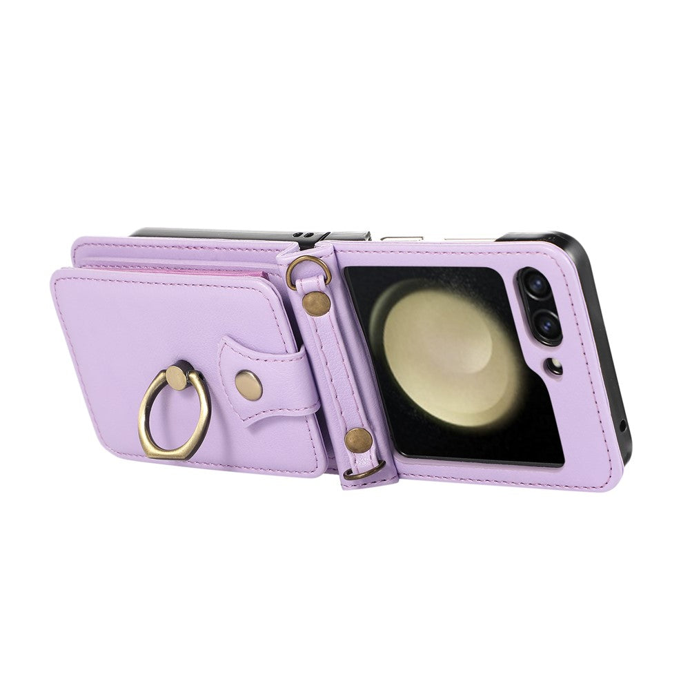 For Samsung Galaxy Z Flip7 FE 5G / Z Flip6 5G Case Card Holder Ring Kickstand TPU + PU Leather Phone Cover with Long Strap - Purple
