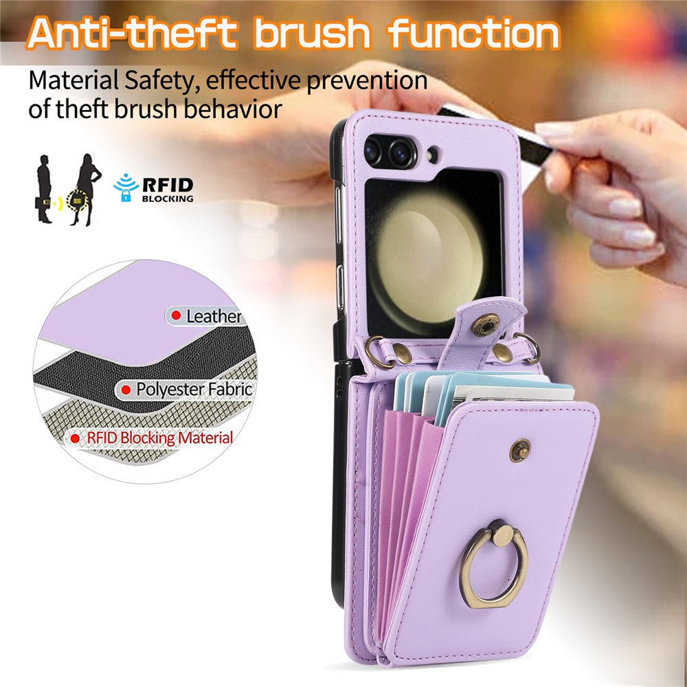 For Samsung Galaxy Z Flip7 FE 5G / Z Flip6 5G Case Card Holder Ring Kickstand TPU + PU Leather Phone Cover with Long Strap - Purple
