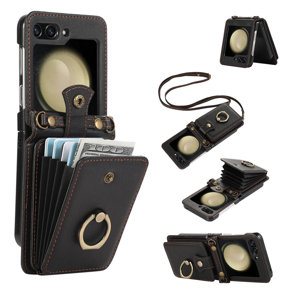 For Samsung Galaxy Z Flip7 FE 5G / Z Flip6 5G Case Card Holder Ring Kickstand TPU + PU Leather Phone Cover with Long Strap - Black
