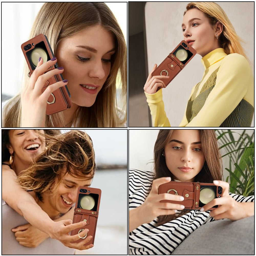 For Samsung Galaxy Z Flip7 FE 5G / Z Flip6 5G Case Card Holder Ring Kickstand TPU + PU Leather Phone Cover with Long Strap - Brown