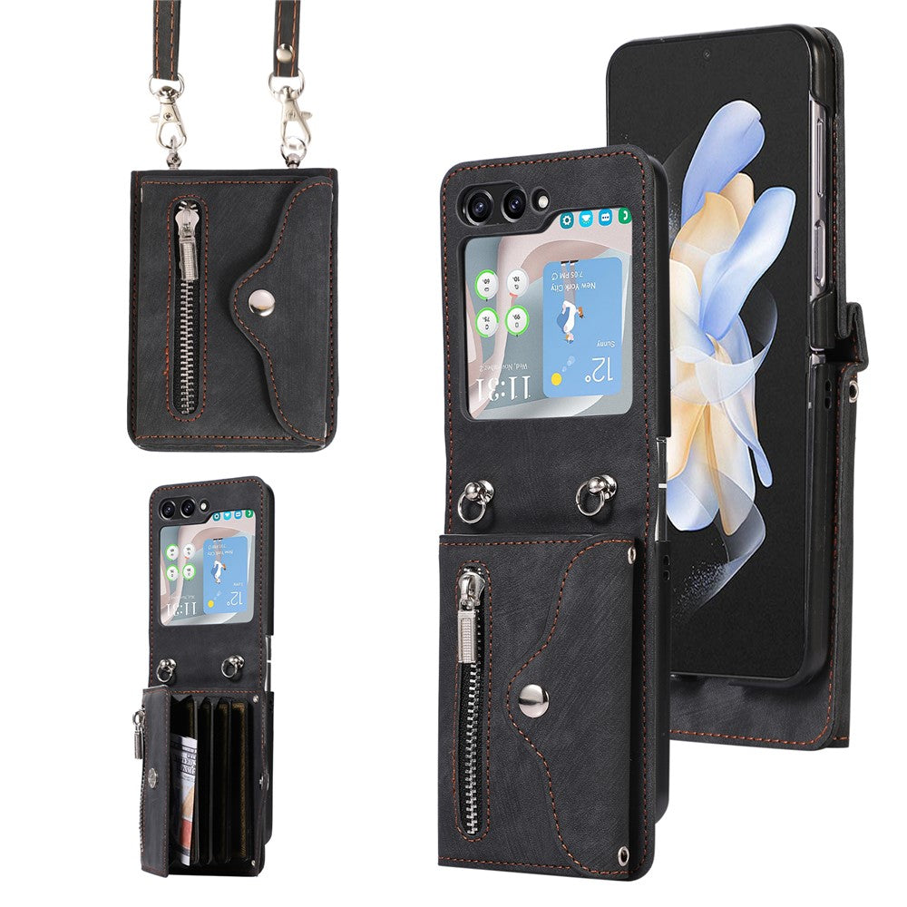 For Samsung Galaxy Z Flip7 FE 5G / Z Flip6 5G Case PU Leather + TPU RFID Blocking Card Slots Phone Cover with 2 Straps - Black