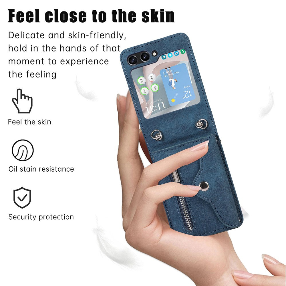 For Samsung Galaxy Z Flip7 FE 5G / Z Flip6 5G Case PU Leather + TPU RFID Blocking Card Slots Phone Cover with 2 Straps - Blue