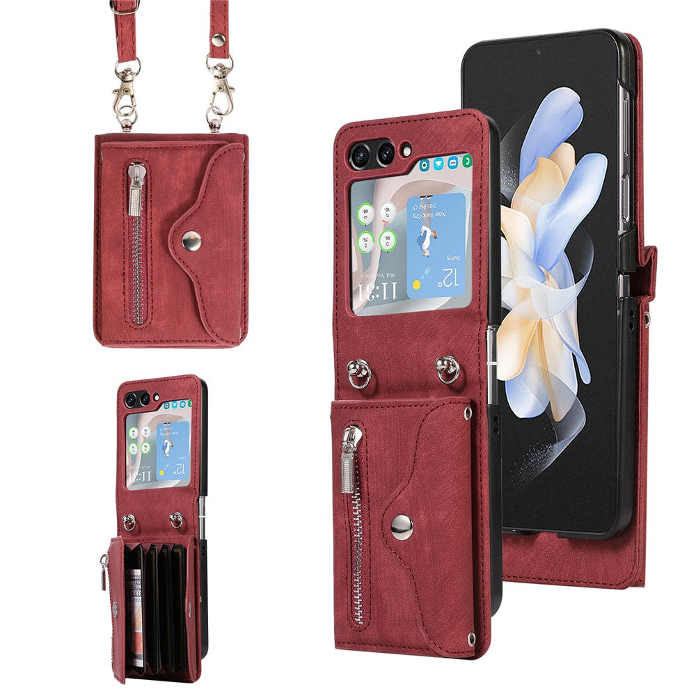 For Samsung Galaxy Z Flip7 FE 5G / Z Flip6 5G Case PU Leather + TPU RFID Blocking Card Slots Phone Cover with 2 Straps - Red
