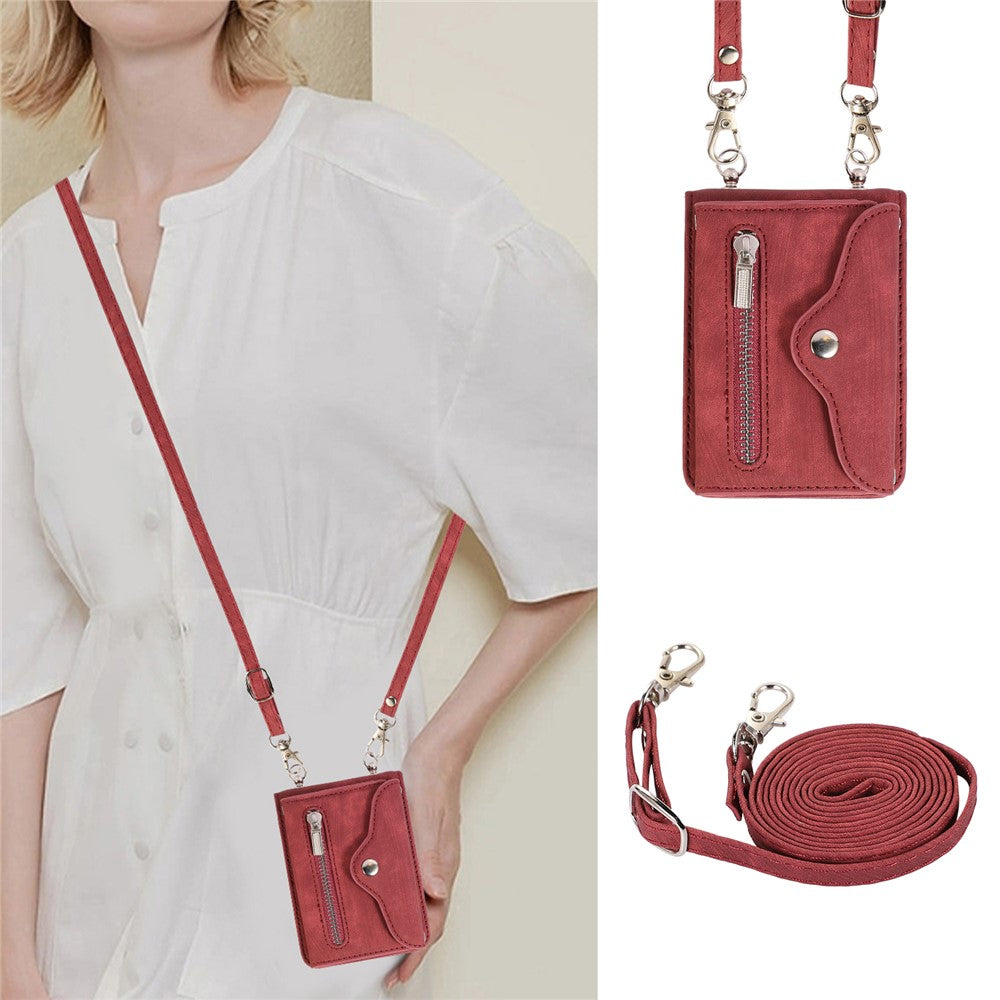 For Samsung Galaxy Z Flip7 FE 5G / Z Flip6 5G Case PU Leather + TPU RFID Blocking Card Slots Phone Cover with 2 Straps - Red