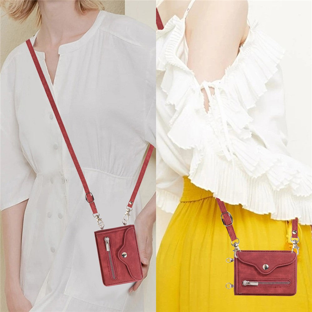 For Samsung Galaxy Z Flip7 FE 5G / Z Flip6 5G Case PU Leather + TPU RFID Blocking Card Slots Phone Cover with 2 Straps - Red