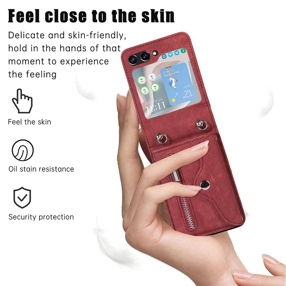 For Samsung Galaxy Z Flip7 FE 5G / Z Flip6 5G Case PU Leather + TPU RFID Blocking Card Slots Phone Cover with 2 Straps - Red