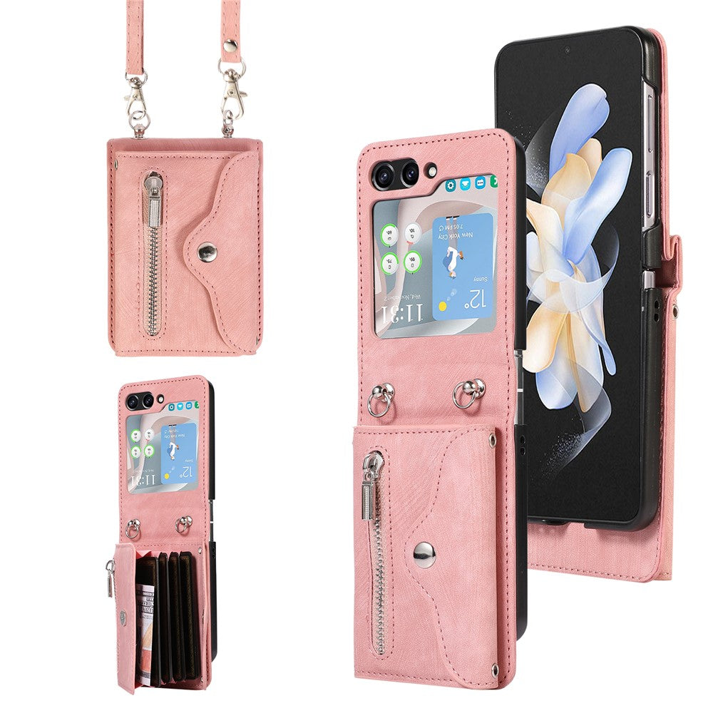 For Samsung Galaxy Z Flip7 FE 5G / Z Flip6 5G Case PU Leather + TPU RFID Blocking Card Slots Phone Cover with 2 Straps - Rose Gold