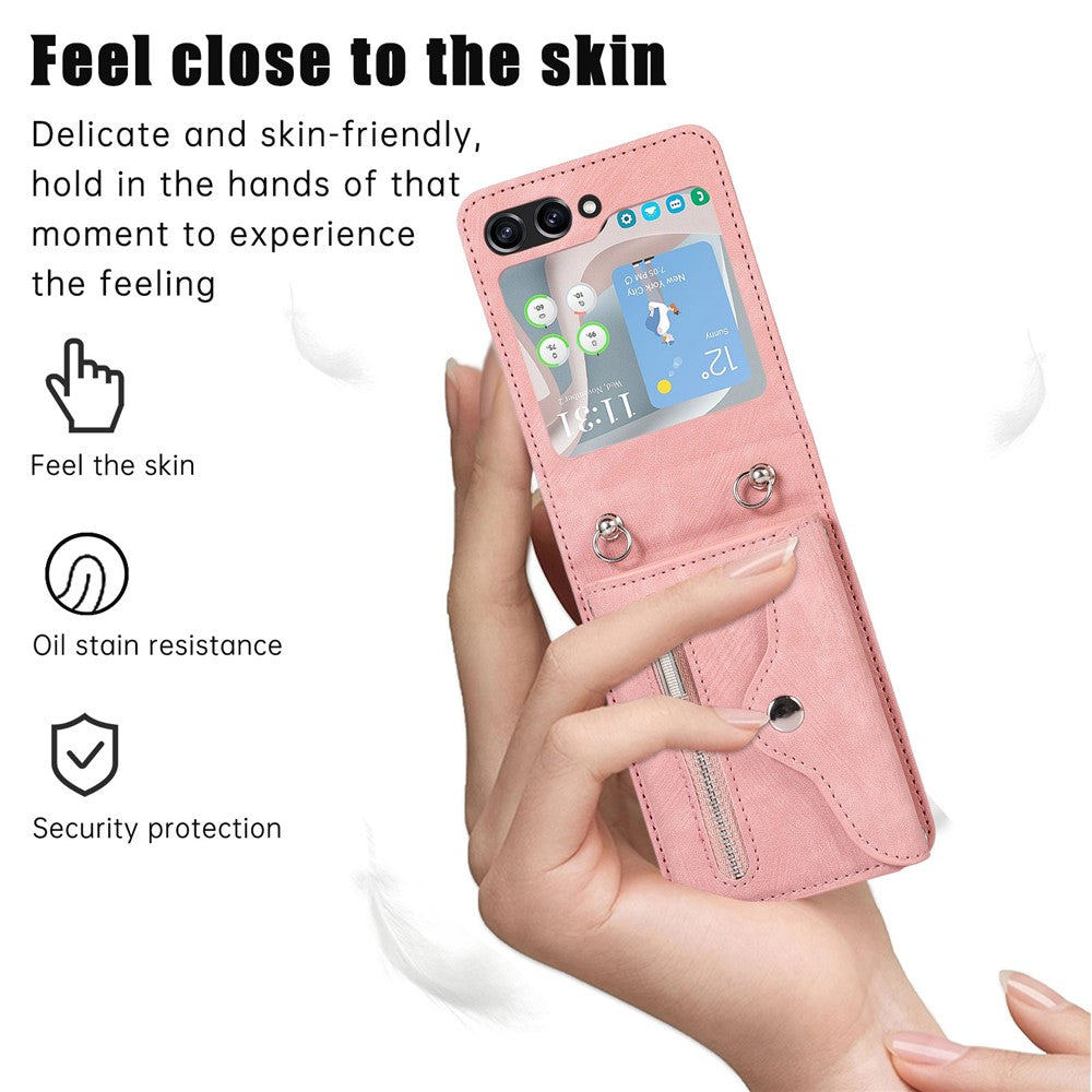 For Samsung Galaxy Z Flip7 FE 5G / Z Flip6 5G Case PU Leather + TPU RFID Blocking Card Slots Phone Cover with 2 Straps - Rose Gold